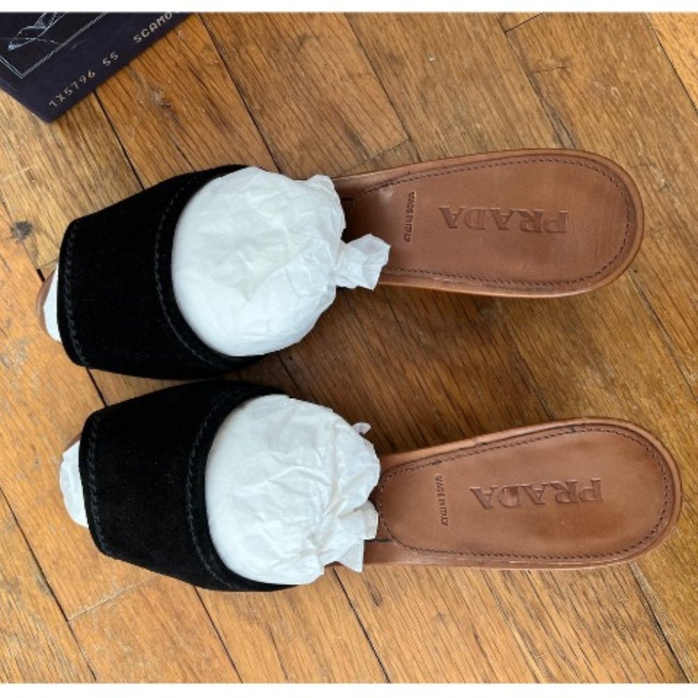 PRADA Black Suede Wedge Sandals Size 37 (Fits US 7) with Box